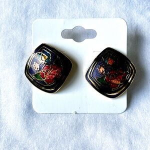 Vintage cloisonné enamel earrings featuring a floral rose and butterfly design.